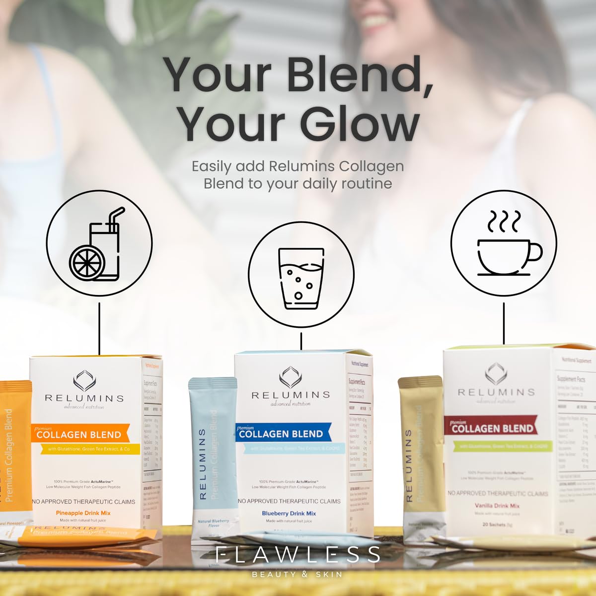 Relumins Marine Collagen Drink Mix 5000mg Type I, II, III Peptides with Glutathione, Green Tea, CoQ10 & Hyaluronic Acid for Smooth Glowing Skin - Blueberry Flavor - 20 Sachets + 2 Free