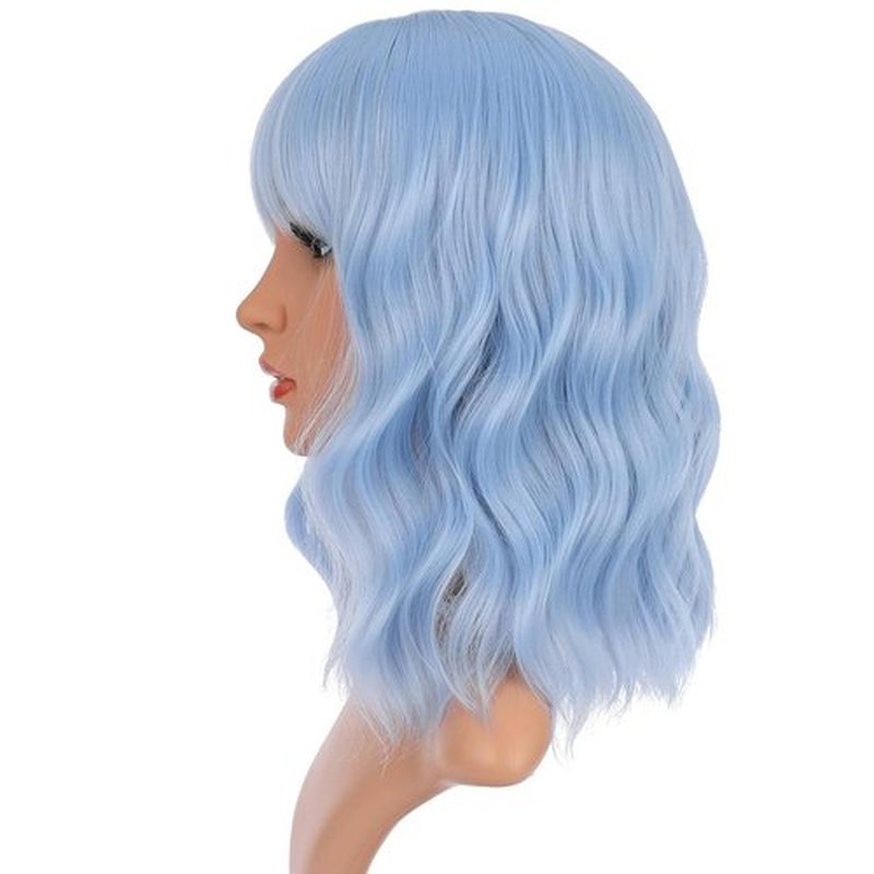 WTHCOS Light Blue Wig Short Bob Wig Short Blue Wigs for Women Curly Wavy Wig with Air Bangs Heat Resistant Synthetic Hair Wigs for Daily Use Cosplay Wig With Wig Cap