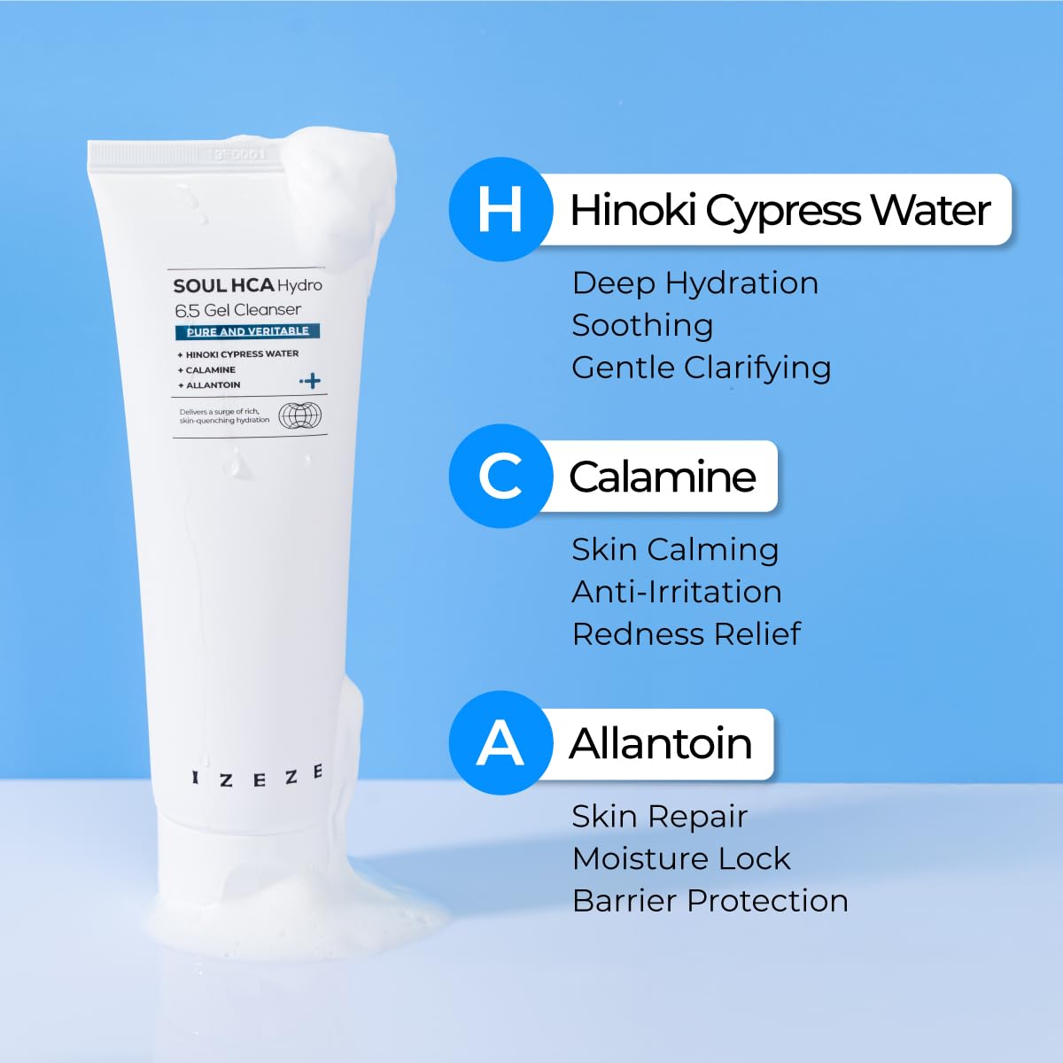 IZEZE Soul HCA Hydro 6.5 Gel Cleanser 5.07 fl.oz, 150 ml | Calamine, Mild Acidic, Gentle pH Foaming Wash, Fresh Moisturizer Facial Wash, Hyaluronic Acid Cleansing Gel, Korean Skincare