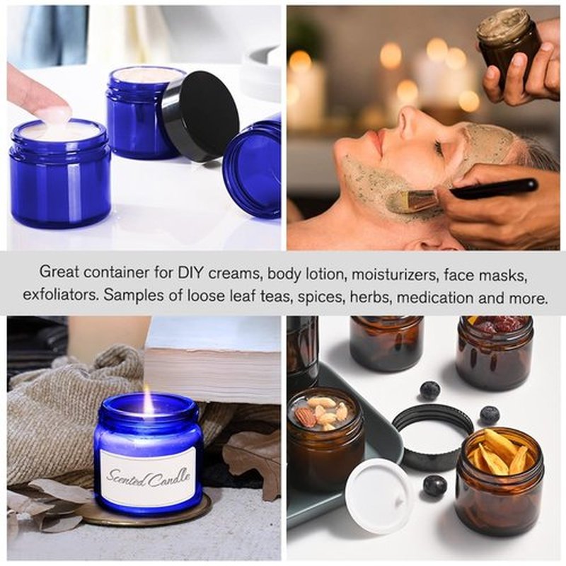 Small Glass Containers with Lids, Tecohouse 4 oz Glass Jars with Black Lids & Inner Liners,Blue and Amber Mini Travel Toiletries Container for Slime, Makeup, Cream, Lotion, Cosmetic - 2 Pack