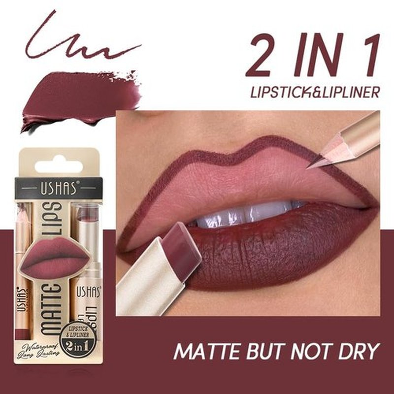USHAS Lipstick and Lip Liner Combo Set 2 in 1 Waterproof Lipstick for Women Lip liner Set Long Lasting Lipstick, Matte Lipstick Pen with Lip Liner Set Makeup Kits (G3, Pack of 1)