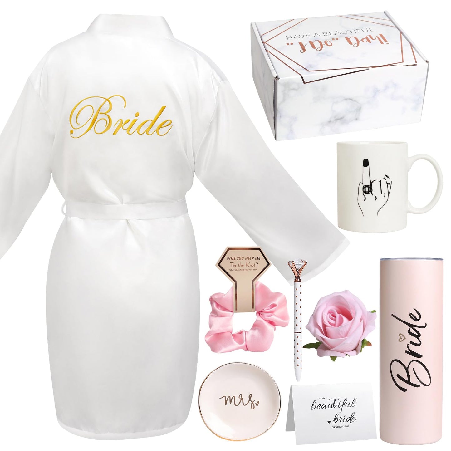 Frerdui 8Pcs Bridal Shower Gift, Bride to Be Gifts, Bridal Shower Gifts for Bride to Be, Gift Box Sets Bridal Silk Robes Tumbler Cup Mug Jewelry Tray, Wedding Engagement Gift for her(M)
