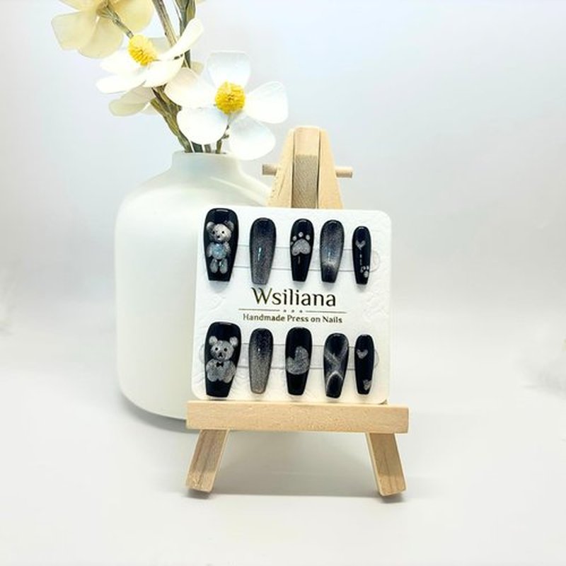 Wsliana Nails Handmade Press On Nail.Magnetic Press On Nail Medium Coffin Acrylic Fake Nails with Charm Cute Design,Reusable Glue On Nail for Woman Gift,Set of 10pcs Hand Painted False Nail Art(011 S)