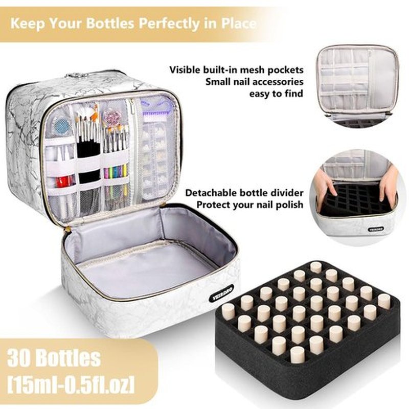 Veirdro Nail Polish Bag Organizer Case, Large Nail Polish Organizer Holds a Nail Light and 30 Nail Polish Bottles [15ml/0.5 fl.oz]，Nail Polish Carrying Bag with Manicure Tools Storage White