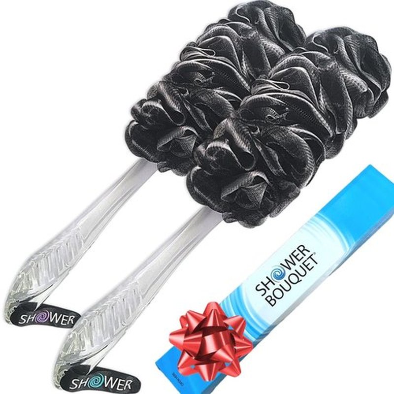 Loofah-Charcoal Back-Scrubbers 2-Pack-by-Shower-Bouquet: Long-Handle Bath-Sponge-Brushes with Extra Large Soft Mesh for Men & Women - Exfoliate with Full Pure Cleanse in Bathing Accessories