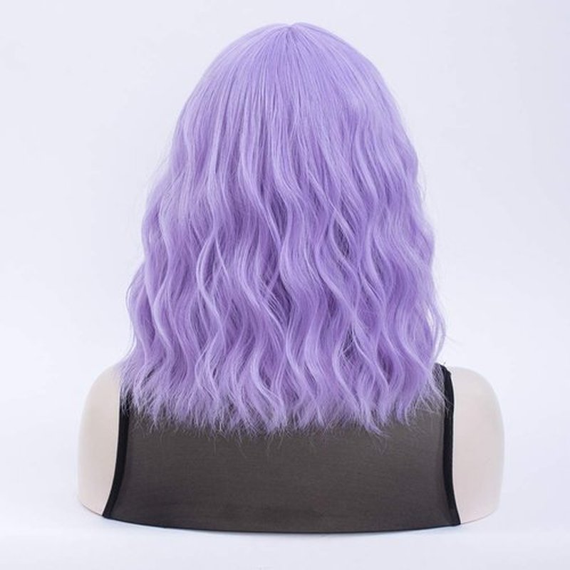 QACCF Purple Wig with Bang Short Wavy Shoulder Length Full Bang Pelucas Women Bob Purple Lavender Wig (Lavender)