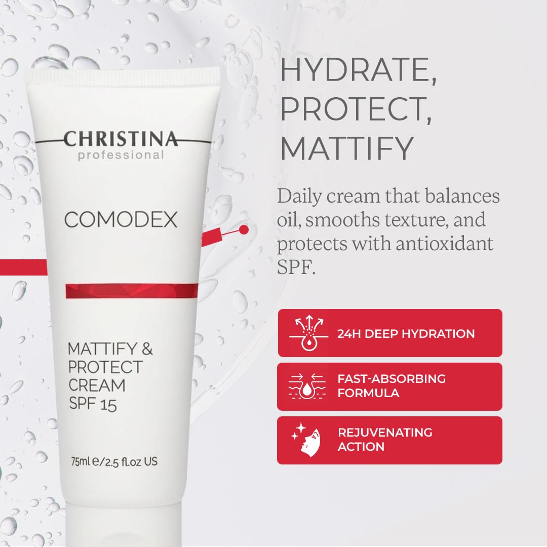 Christina - Comodex Mattifying & Protect Face Cream + SPF 15 - Lightweight Skin Moisturizer for Shine Control & Protection - Non-Comedogenic Lotion - Daily Light Cream for Oily & Combination Skin