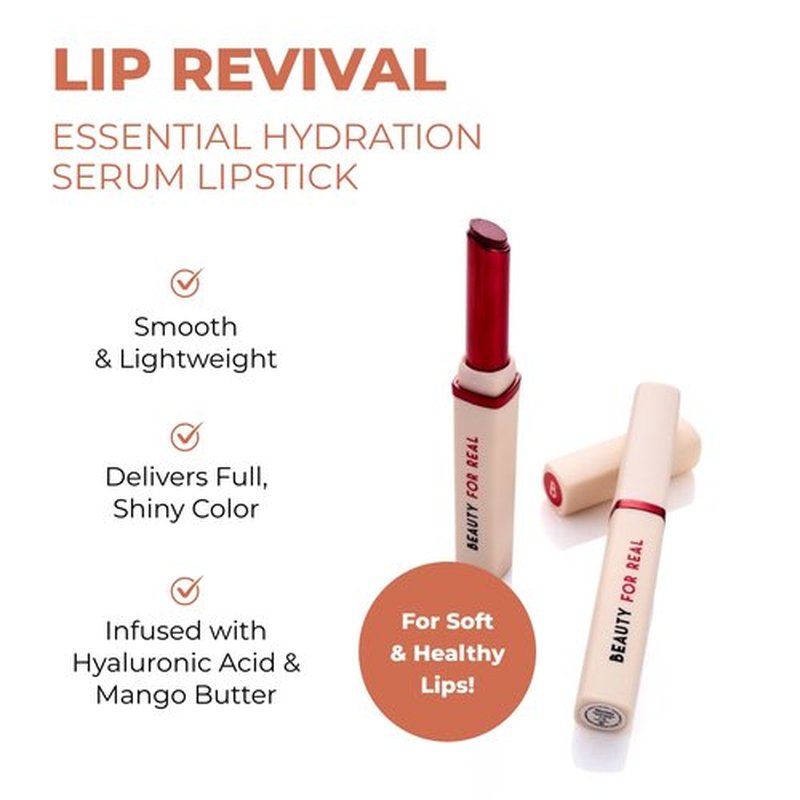 Beauty For Real Lip Revival Essential Hydration Serum Lipstick, Neutral - Lightweight & Hydrating - Contains Hyaluronic Acid, Mango Butter, and Nourishing Plant Oils