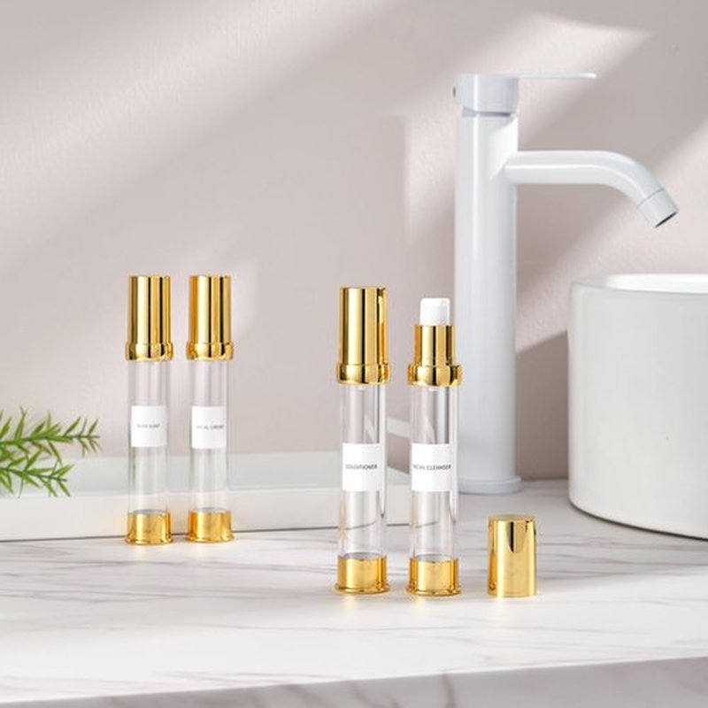 Golden Airless Pump Bottle Travel Set with Box Refillable Empty Cosmetic Pump Bottle Vacuum Pump Bottles for Liquids Such as Hand Soap,Toner,Foundation,Hair Oil,Lotion and Cream(1oz/30ml,4 Pack)