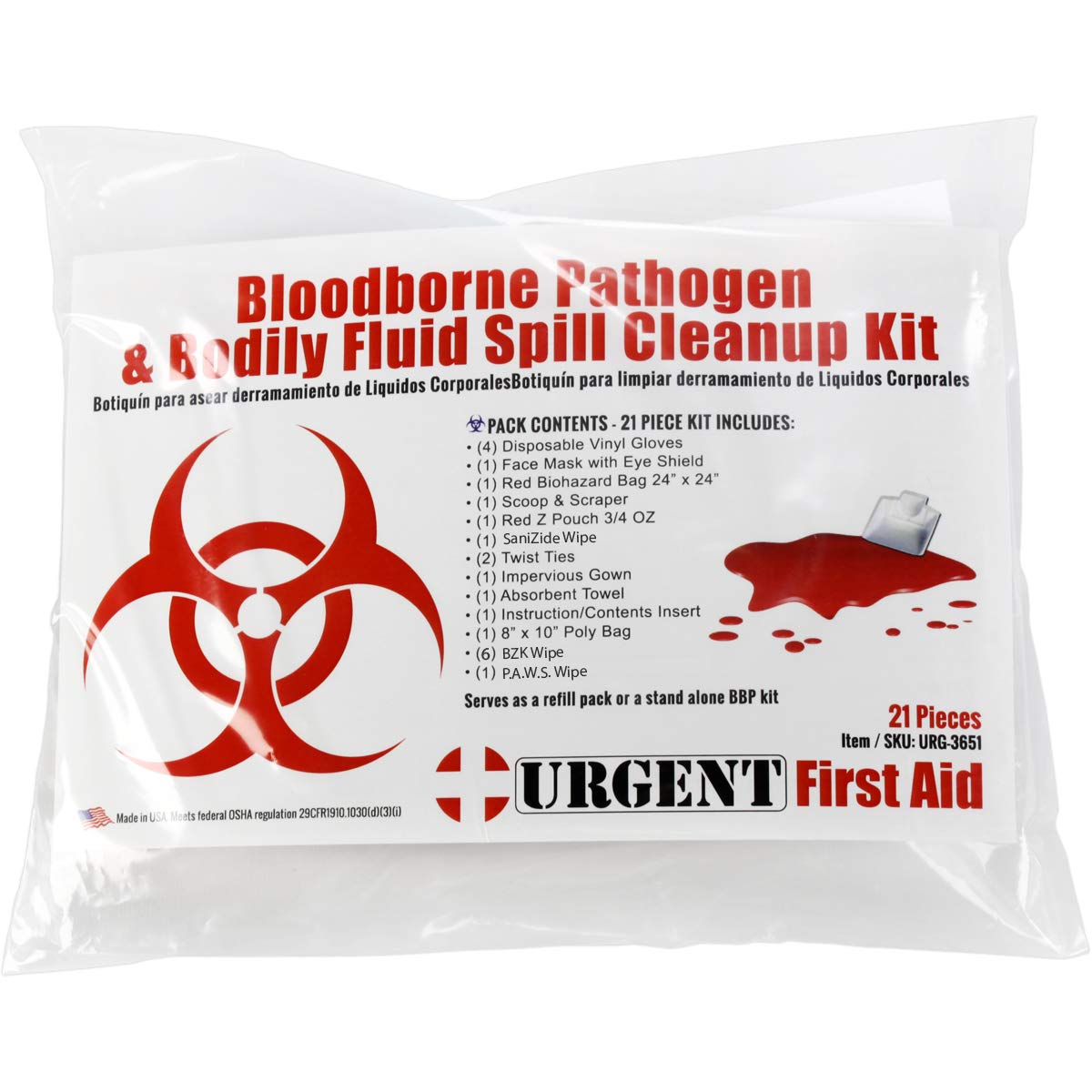 22 Piece Bodily Fluid Cleanup Pack/Bloodborne Pathogen Kit - OSHA Compliant