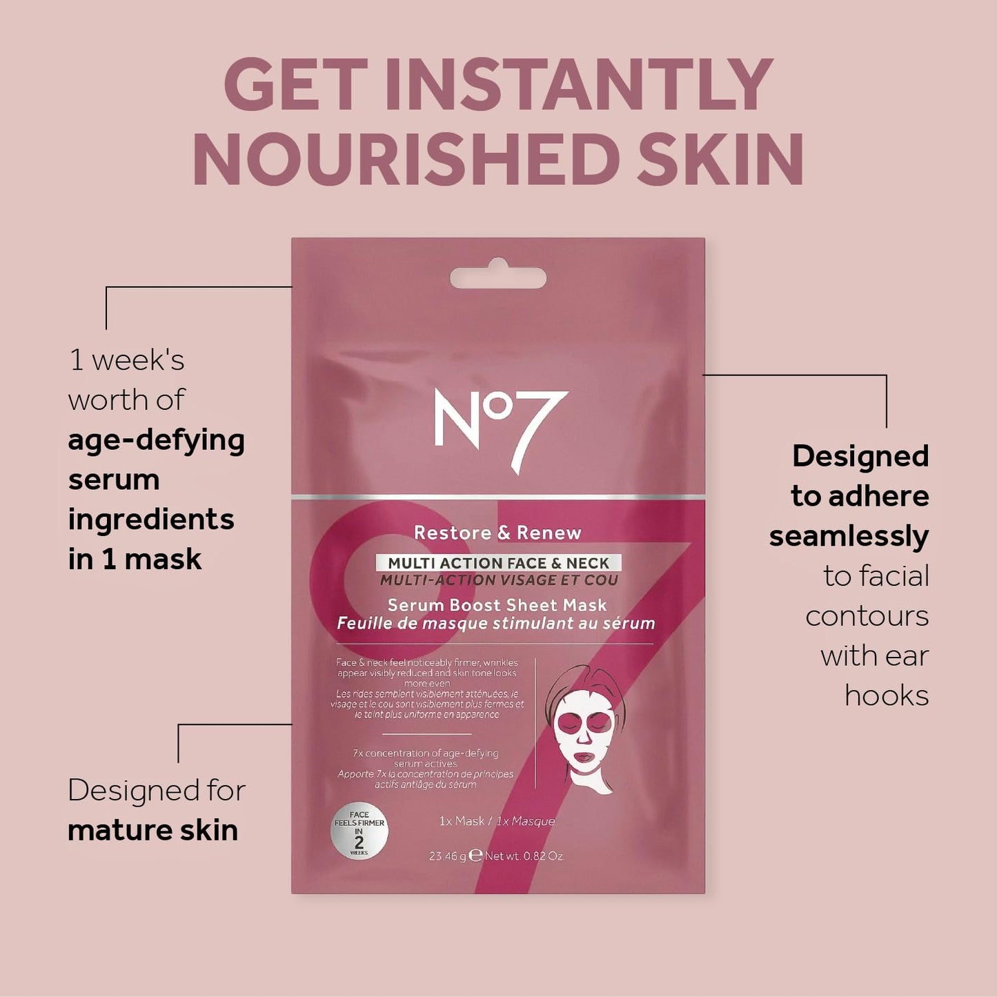 No7 Restore and Renew Multi-Action Face and Neck Serum Boost Mask – Anti-Aging, Firming, Wrinkle-Reducing Sheet Mask for Hydrating and Brightening Uneven Skin Tone