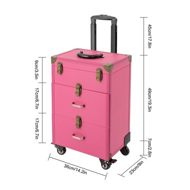 Rolling Makeup Case with Drawers&4 Wheel, Cosmetic Case Trolley, Make Up Suitcase Cosmetic Trolley, Portable Multifunction Makeup Suitcase, Jewelry Travel Cosmetic Train Case (Rose+Bronze Color)