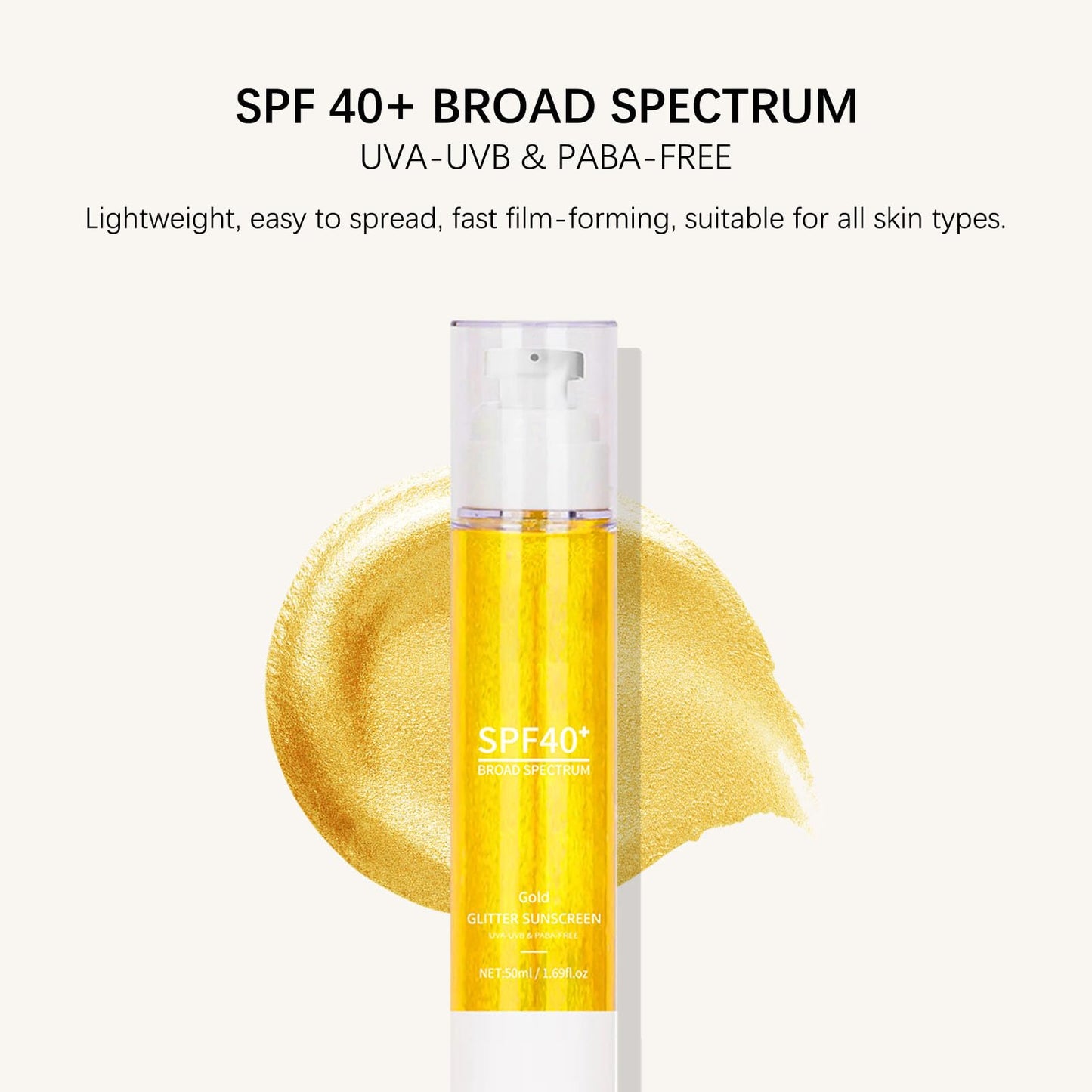 Body Glow Shimmering Gel with SPF 40+ Glitter Effect & Broad Spectrum Protection, Lightweight Glow Body Oil Non-Sticky Formula, Quick Absorbing for Face & Body, Vegan (Gold)