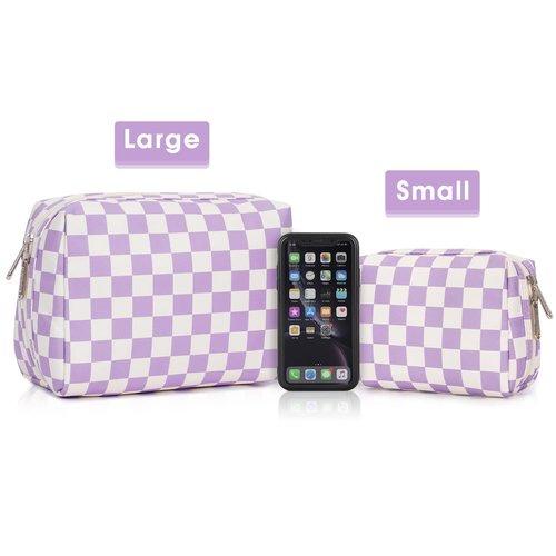 Narwey Large Checkered Makeup Bag Zipper Pouch Travel Cosmetic Bag Organizer for Women (Large, Purple Checkerboard)