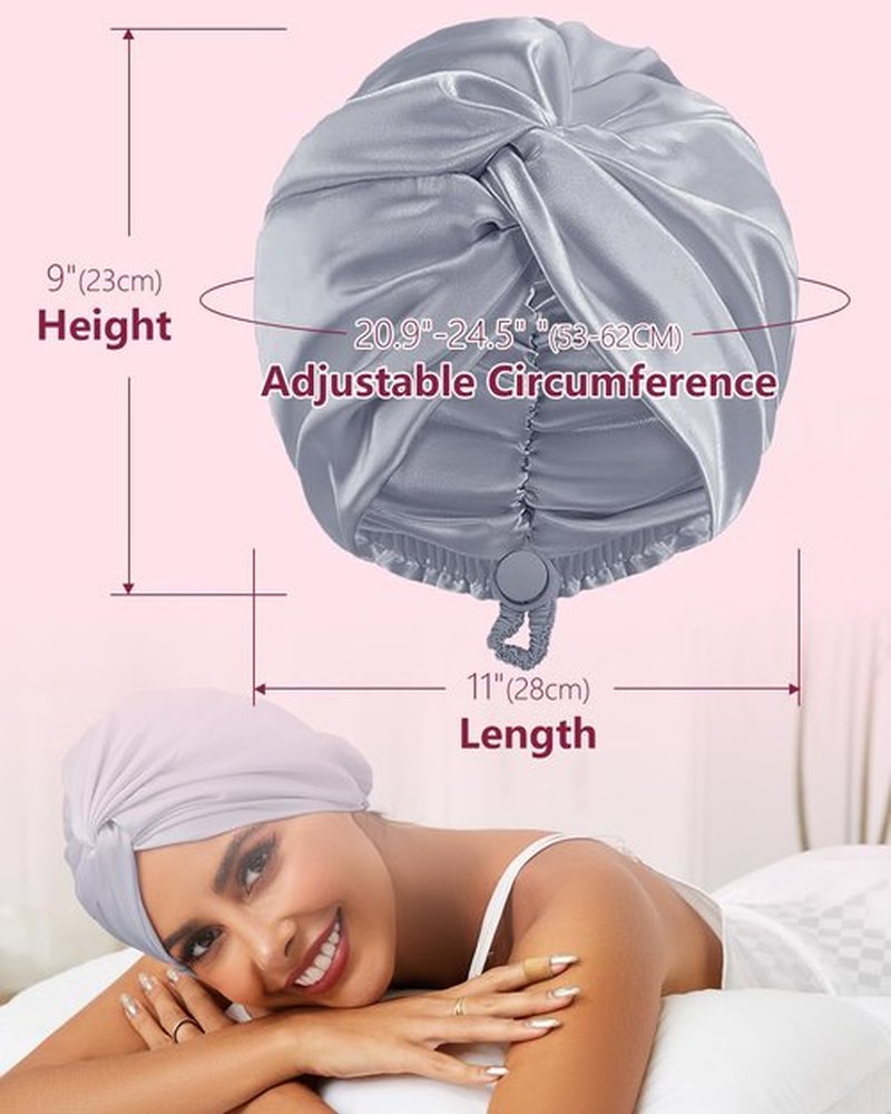 HFRHTGY Adjustable Silk Satin Hair Bonnet for Sleeping, Double Layer Hair Wrap Sleep Cap Turban for Women Men, Curly Straight Hair Long Large Braid Unisex (Silver Gray 95)