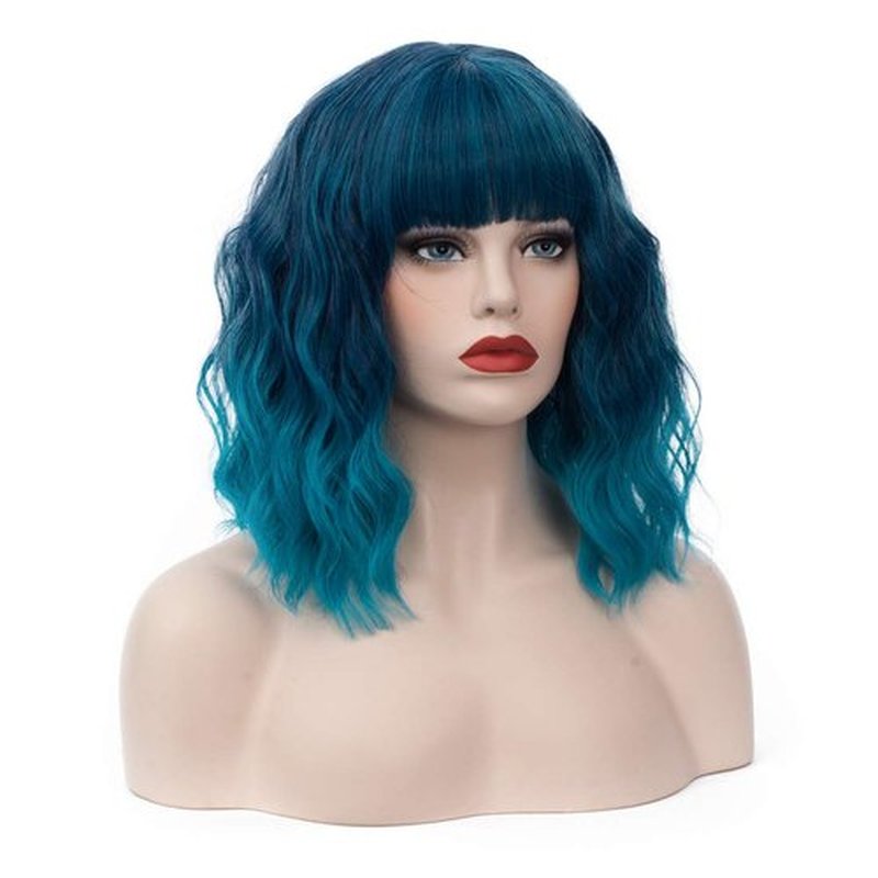 WGPFWIG Women's Blue Ombre Wig Short Curly Wavy Wig Shoulder Length Flat Bangs Wig For Women Girl Cosplay Party Halloween Wig Cap Included (Blue Ombre)