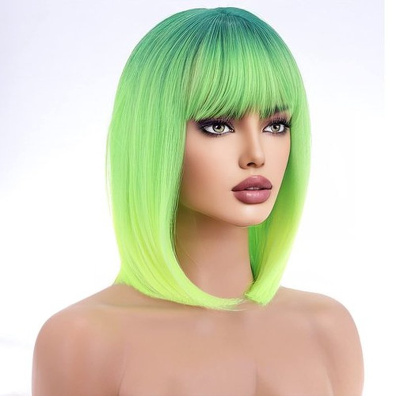 WTHCOS Neon Green Bob Wigs Ombre Green Wig for Women Short Straight Wig with Bangs Lime Green Wigs Synthetic Heat Resistant Wigs ST Patricks Day Wig Halloween Party Wig with Wig Cap