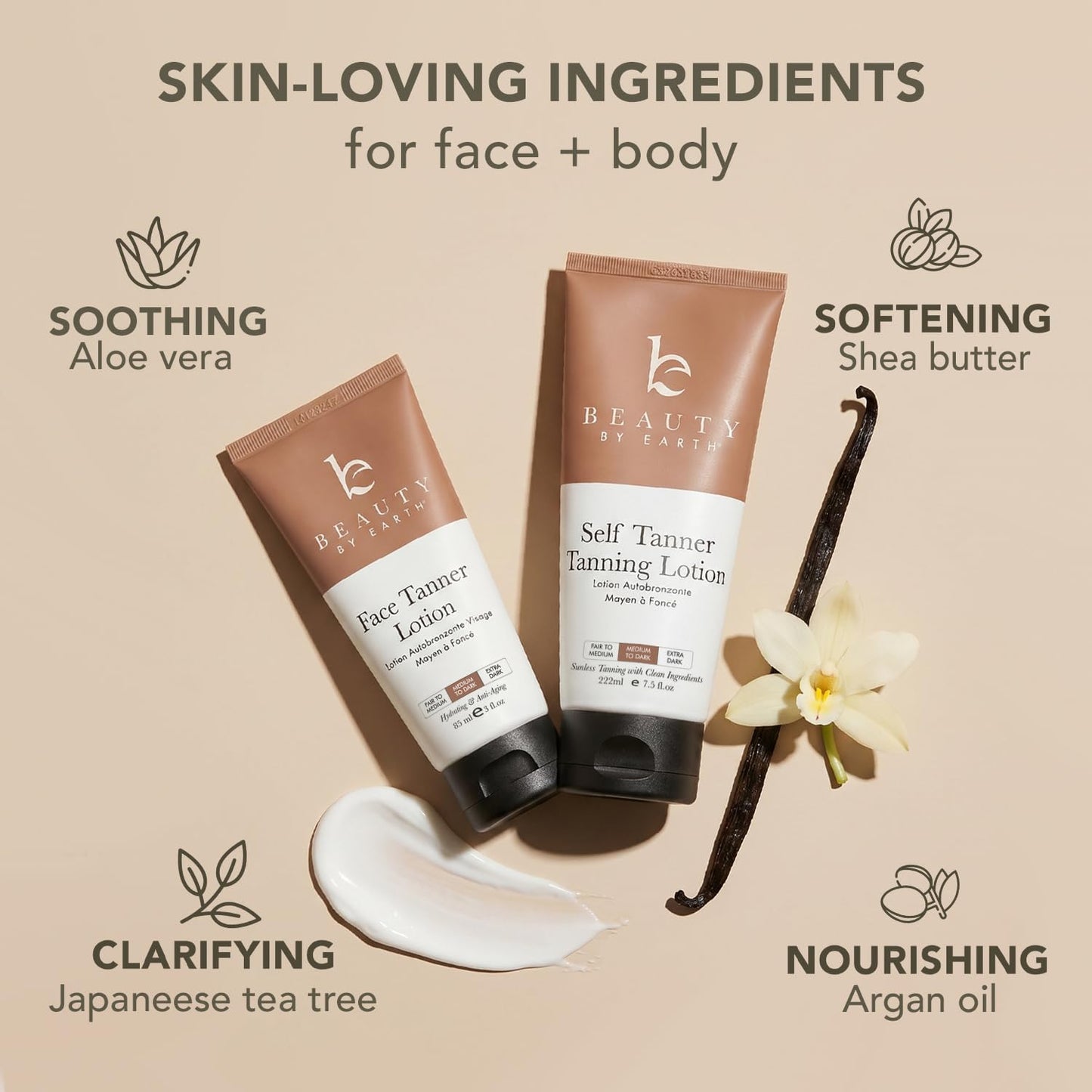 Self Tanner Face & Body - With Organic Aloe Vera & Shea Butter, Sunless Tanning Lotion, Bronzer Buildable Light, Medium or Dark Tan, Fake Tan Self Tanners Best Sellers, 7.5oz (body) 3oz (face)