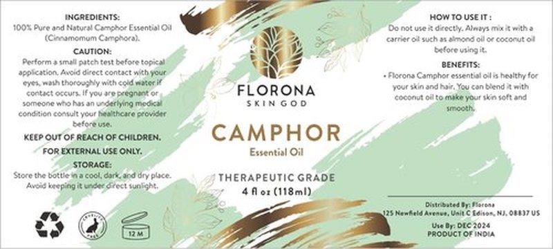 Florona Camphor Oil 100% Pure & Natural - 4 fl oz, for Hair, Face & Skin Care, Massage