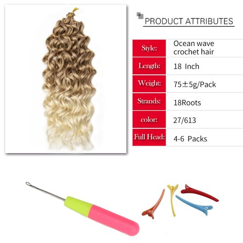 Ocean Wave Crochet Hair 18inch Deep Wave Curly Crochet Hair 6Packs Ombre Blonde Hawaii Curly Braiding Hair Synthetic Bohemian Crochet Braid Water Wave Crochet hair Extensions