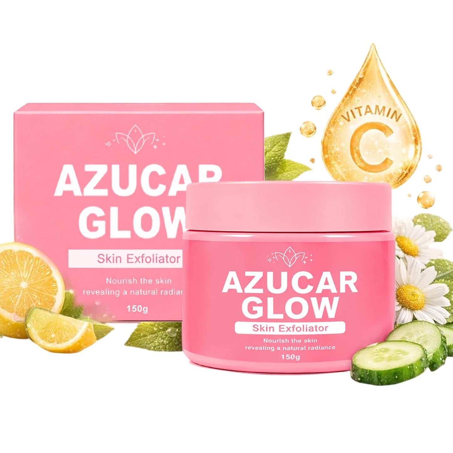 Azucar Glow Blanqueador Y Exfoliante, Natural Sugar Body Scrub with Vitamin C, Cucumber, And Chamomile Extract, Exfoliating & Moisturizing Body Polish, Organic Face & Body Scrub (1pcs)