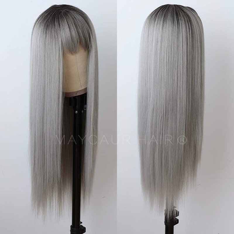 Maycaur Grey Color Synthetic Hair Wigs with Full Bangs Black Gray Ombre Color Long Straight Women's Wig Heat Resistant Hair Synthetic No Lace Wigs for Fashion Women