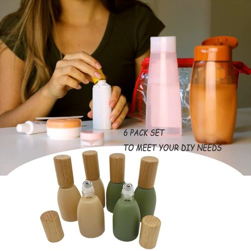 BEECO GIF2U 6Pcs 12ml/0.4 oz Glass Roll On Bottle with Bamboo Lid for Essential Oils,Refillable Roller Bottles for Perfume Sample with Stainless Steel Roller Ball,Travel Containers(Green)