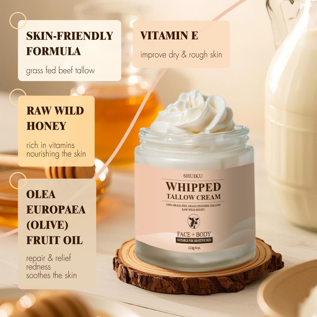 SHUIKU Beef Tallow for Skin – Organic Beef Tallow Balm & Whipped Tallow Moisturizer | Natural Tallow Face & Body Cream, Honey Balm for Nourishing Skincare