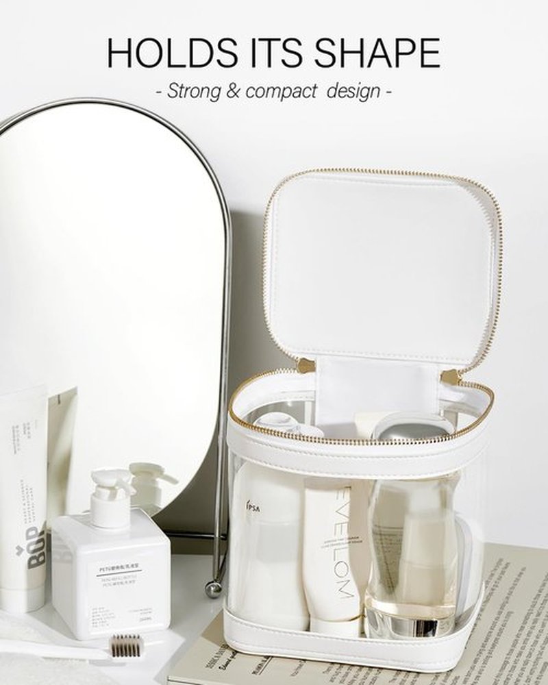 ROWNYEON Clear Makeup Bag, Travel Toiletry Bag Transparent Cosmetic Case with Zipper, Portable Make Up Organizer Clear Car Bag for Essentials with Handle (White)