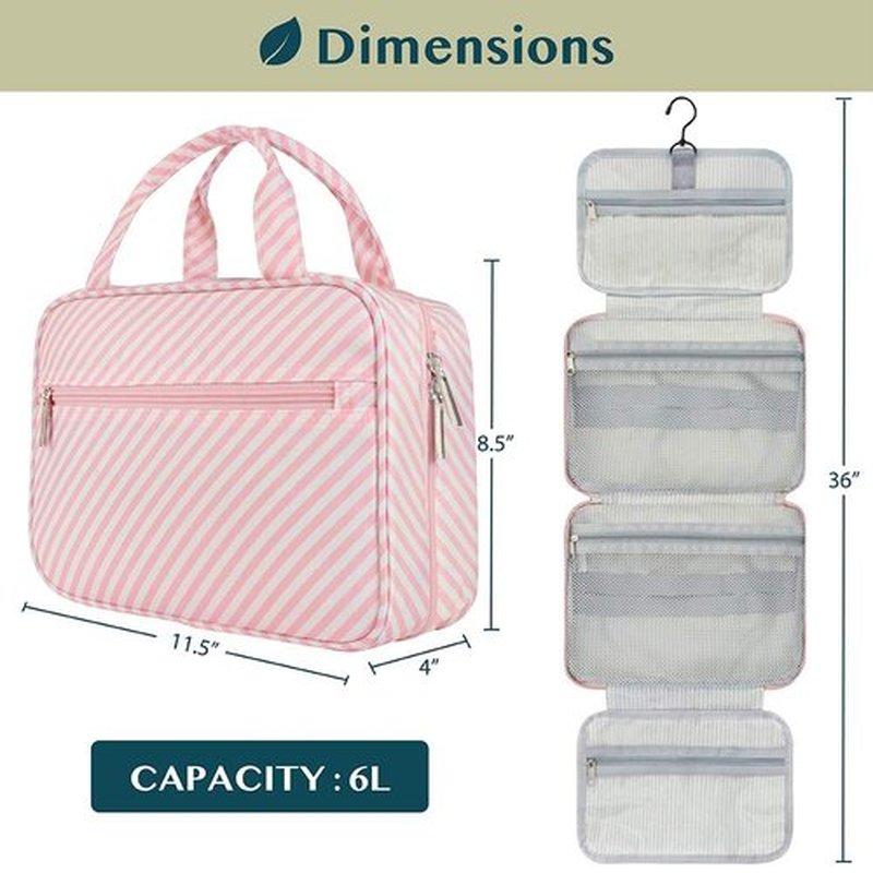 PAVILIA Hanging Toiletry Bag Travel Bag Women Men, Foldable Cosmetic Organizer, Roll up Makeup Bag, Water Resistant Accessories Toiletries, Large Travel Essentials Kit (Pink Stripe)