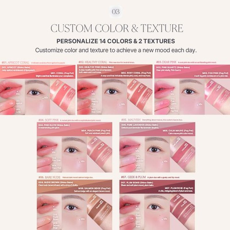 Heart Percent Dote On Mood Custom Lip & Cheek, Matte (Fog Pot) + Glow (Shine Balm) Dual Type Multi-use Blush & Lip Tint [#03. Dear Pink]
