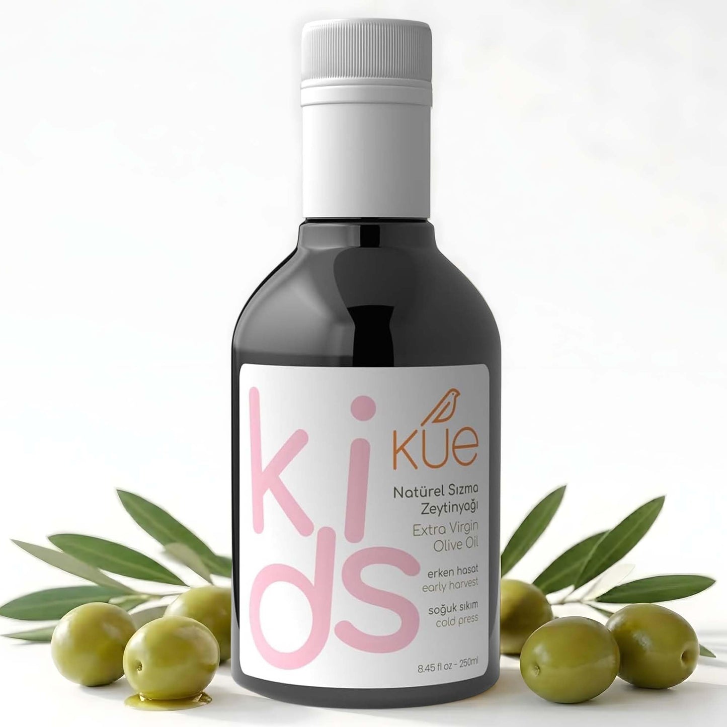 Kue Kids Extra Virgin Olive Oil, 8.45 fl oz - Cold Pressed Early Harvest EVOO, High Polyphenol Olive Oil for Kids & Baby Food, 14kg Olives Per Liter, 0.2% Acidity, Pure Olive Oil (250 ml)