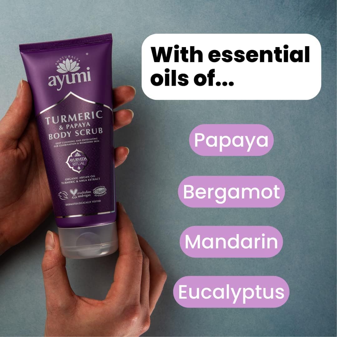 Ayumi Turmeric Body Scrub | Exfoliating Scrub with Papaya Extract | Brightening Scrub for Dull Skin | Hydrating Cleanser with Argan Oil | Body Scrub for Women & Mens Skincare Rituals | 6.77 Fl oz