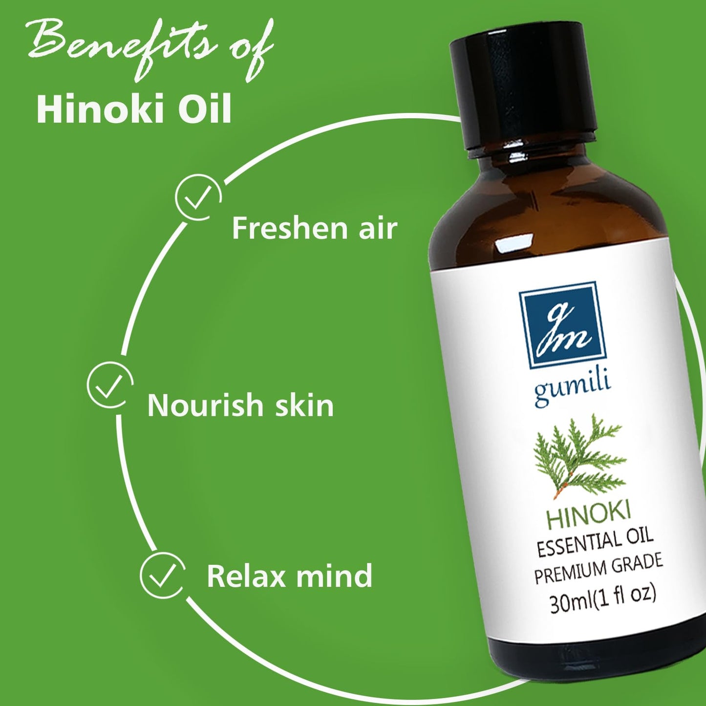 GM Gumili Hinoki Essential Oil 1 Oz – 100% Pure Natural Hinoki Oil for Diffuser, Skin, Hair, Massage & DIY, Refreshing Woodsy Aroma