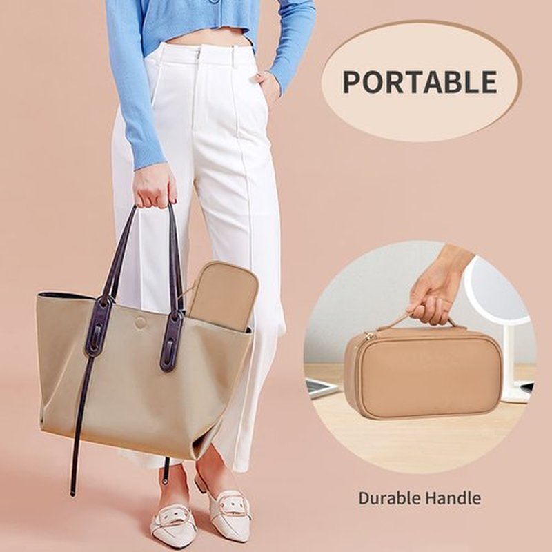 OCHEAL Small Makeup Bag,Portable Cute Travel Makeup Bag Pouch for Women Girls Makeup Brush Organizer Cosmetics Bags with Compartment-Beige Apricot