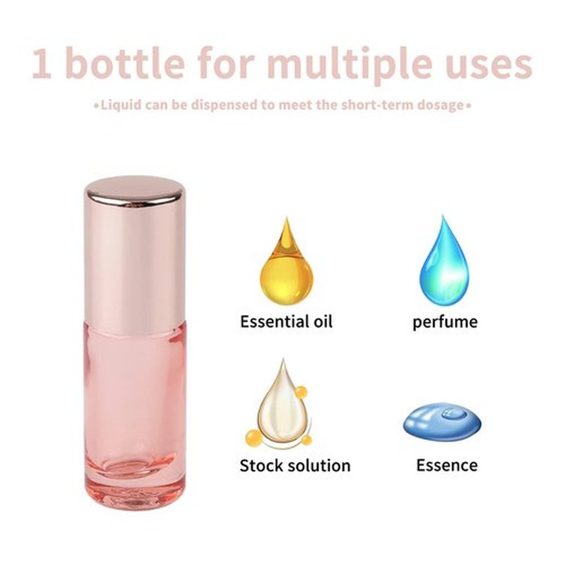 Kesell 14 Pack 5ml Roller Bottles Clear Pink Empty Refillable Glass Sample Vial with Stainless Steel Balls for Essential Oil Perfume Aromatherapy, 4 Funnels + 1 Opener