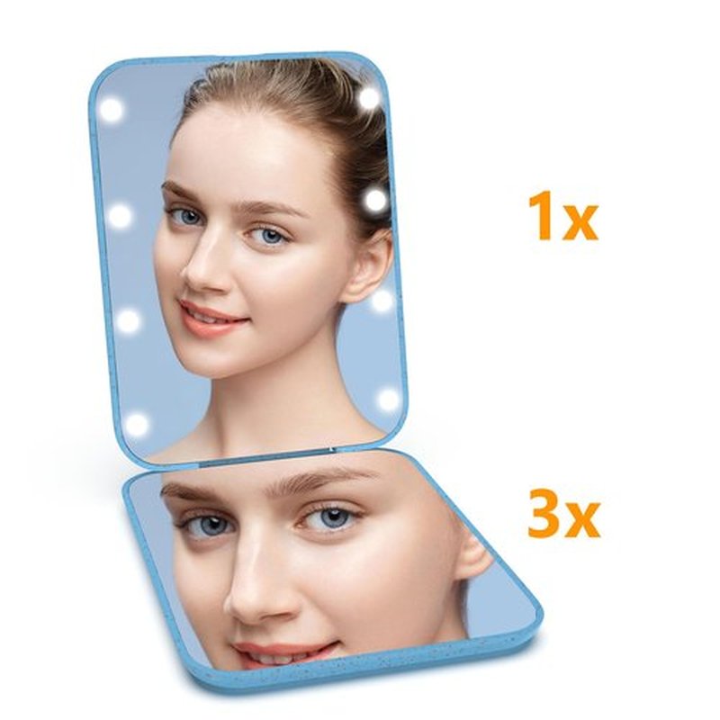 Kintion Wheat Straw Mirror, 1X/3X Magnification Pocket Mirror, Lighted Plastic Fiber Mirror, Folding Purse Mirror, Handheld Travel Mirror, Small Lighted Compact Mirror for Gift, Blue