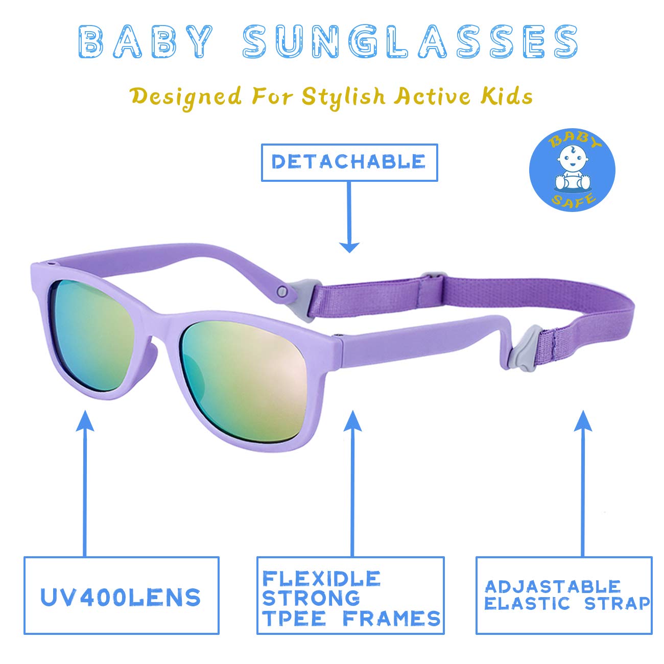 MAXJULI Baby Infant Sunglasses Safe, Soft, With Adjustable Strap 0-24 Months BPA Free (Black/Black+Purple/Red