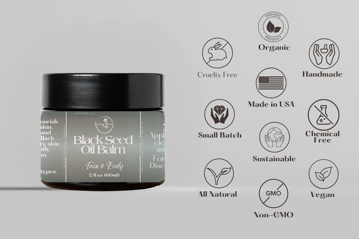 Living Farms Black Seed Oil Balm - Nigella Sativa | 2oz | Vegan Skin Repair Ointment for Dry, Irritated Skin | Handmade In The USA | Non-GMO, Chemical-Free