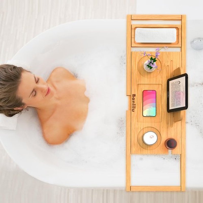 Premium Bamboo Bathtub Tray Caddy - Bath Tray - Bath Tub Tray Table for Bathtub - Bath Caddy Tray for Bathtub, Expandable Size, Fits Most Bath Tubs