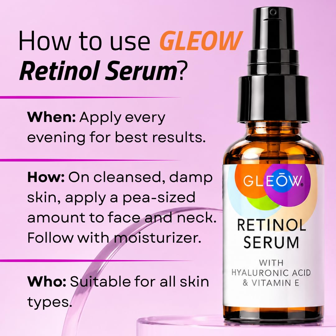 GLEOW Retinol Serum for Face with Hyaluronic Acid and Vitamin E, Gentle Retinol Face Serum Targets the Appearance of Fine Lines and Wrinkles, 2oz