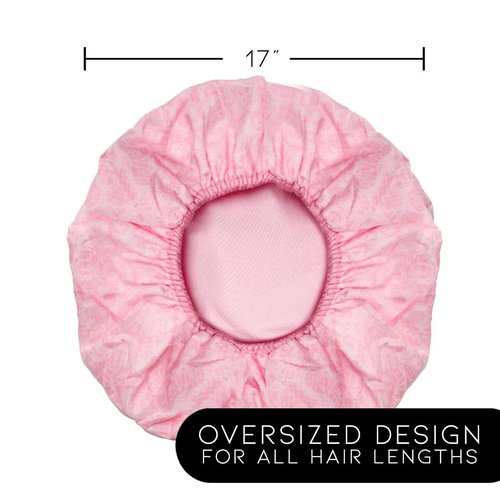 Reusable Nylon Shower Cap & Bath Cap, Reversible Oversized Waterproof Shower Caps Large Designed for all Hair Lengths w Terry Lining & Elastic Band Stretch Hem Hair Hat - Socialite Pretty in Pink Lace