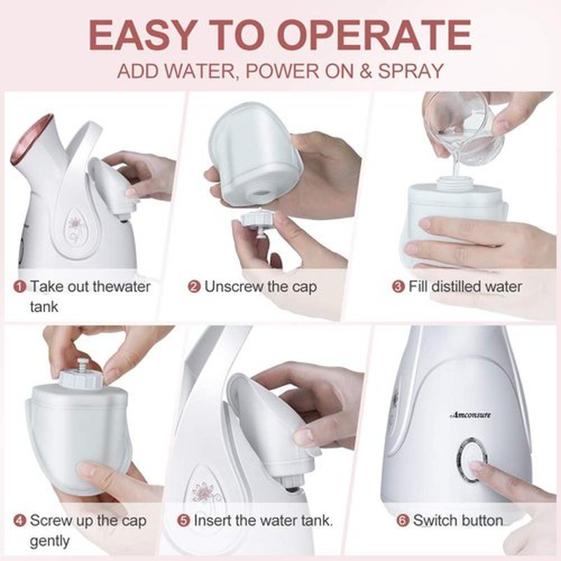 Facial Steamer, Amconsure Nano Ionic Face Steamer for Home Facial, 100ML Warm Mist Humidifier for Women Moisturizing Face Spa Steamer, Unclogs Pores-Bonus Stainless Steel Skin Kit and 2 Face Scrubbers