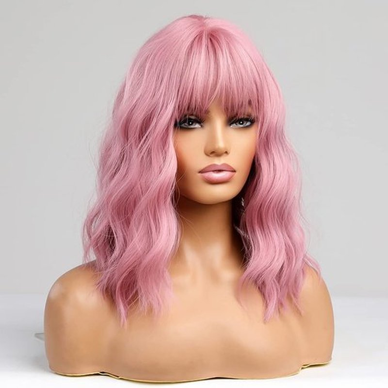 BERON Candy Pink Wig Short Curly Wig Pink Wig with Bangs Women Girl's Charming Wig Candy Pink Wig Synthetic Wig with Wig Cap