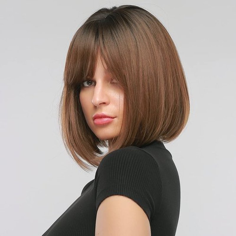 PATTNIUM Brown Bob Wig for Women Short Straight Ombre Brown Wig with Bangs Short Bob Wig Heat Resistant Synthetic Wig with Wig Cap(Ombre Brown)