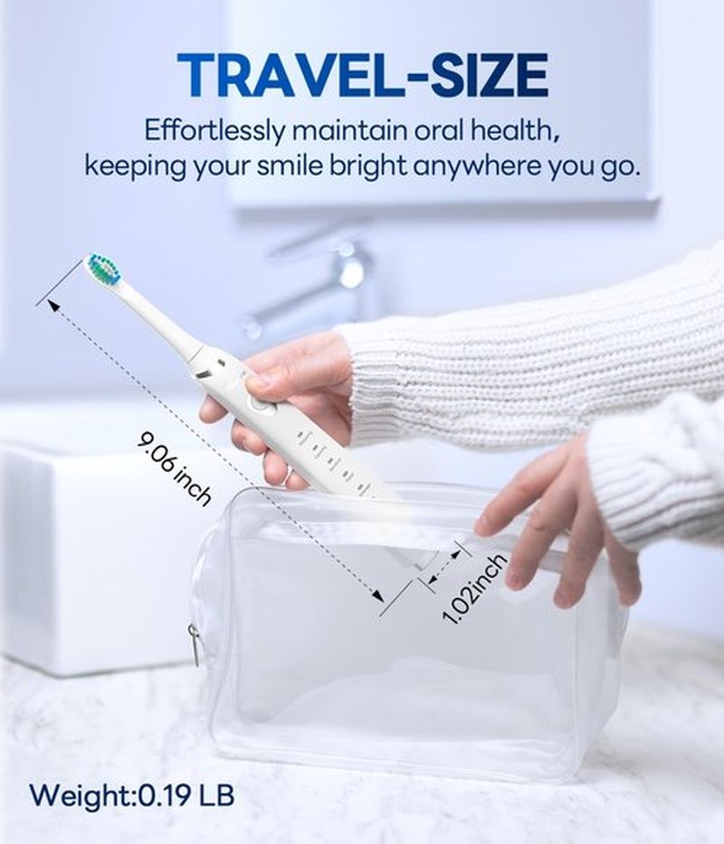 Bymore Electric Toothbrush for Adults,Travel Sonic Toothbrush with 8 Replacement Heads, Ultra Clean Rechargeable Toothbrush Portable One Charge for 330days 5 Modes 2mins Timer-White