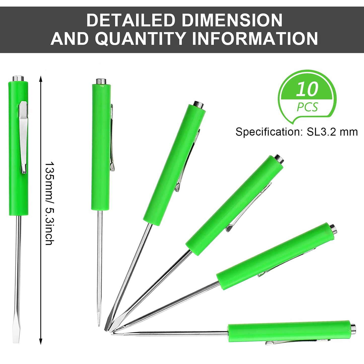 Honoson 10 Pieces Pocket Screwdriver Mini Tops and Pocket Clips Magnetic Slotted Small Screw Driver with a Single Blade Head for Mechanical, Electrician(Green)