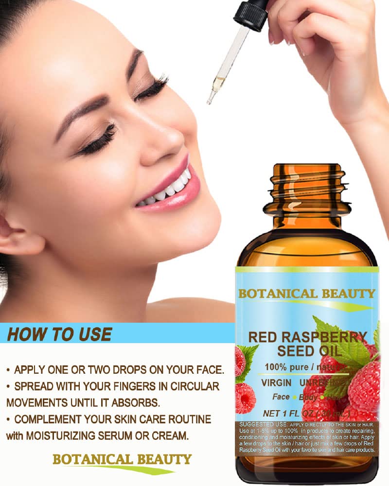 Botanical Beauty RED RASPBERRY SEED OIL 100% Pure Natural Virgin Unrefined Undiluted Cold Pressed Carrier Oil for Face, Skin, Hair, Body, Nails. Rich in Vitamin C, Vitamin E (1 Fl Oz)
