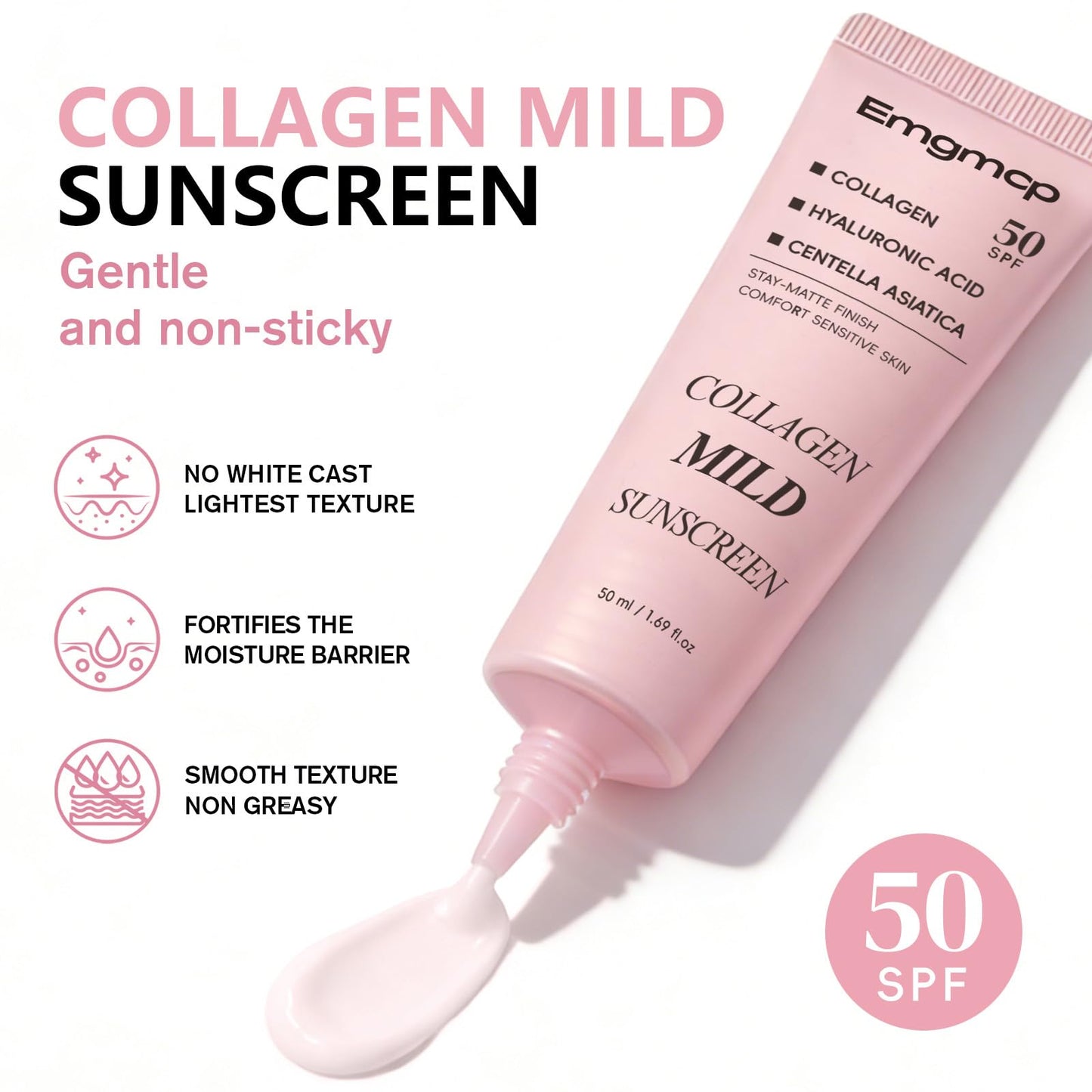 Collagen Mild Sunscreen, SPF 50 Broad Spectrum Facial Sunscreen, Lightweight Non-Greasy No White Cast, Hydrating Formula with Peptide & Cica for Soothing & Natural Glow (1pc)