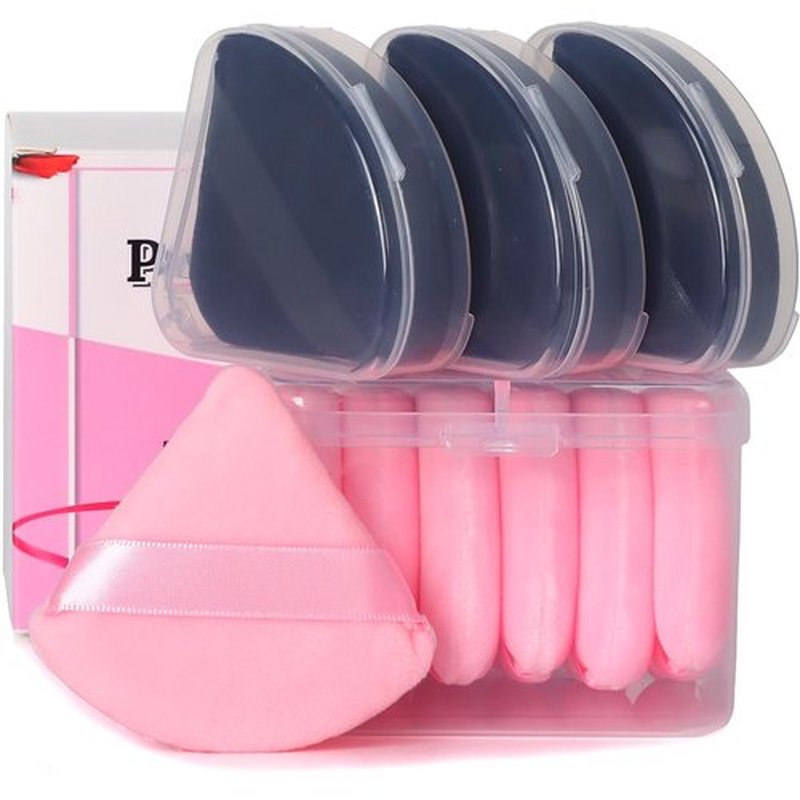 Ocim 10Pcs Triangle Powder Puffs for Face Powder,Soft Velour Makeup Setting Powder Puff with Case,Black&Pink